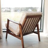 Vintage Danish boucle armchair with orange polka dots from the 1960s.