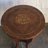 Baroque side table in brown walnut, round inlaid top, circa 1890.