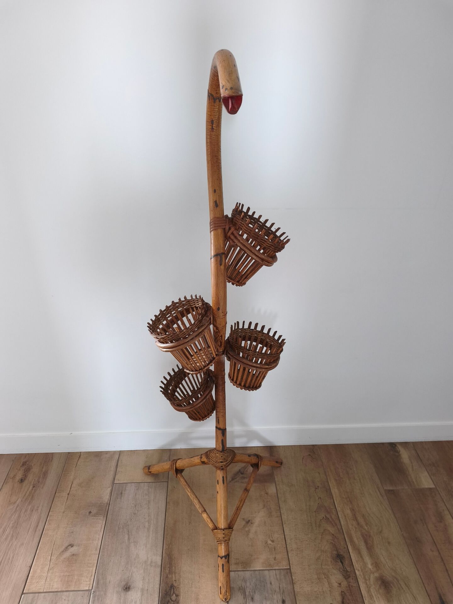 Vintage serpent plant stand in rattan and bamboo - 1960s