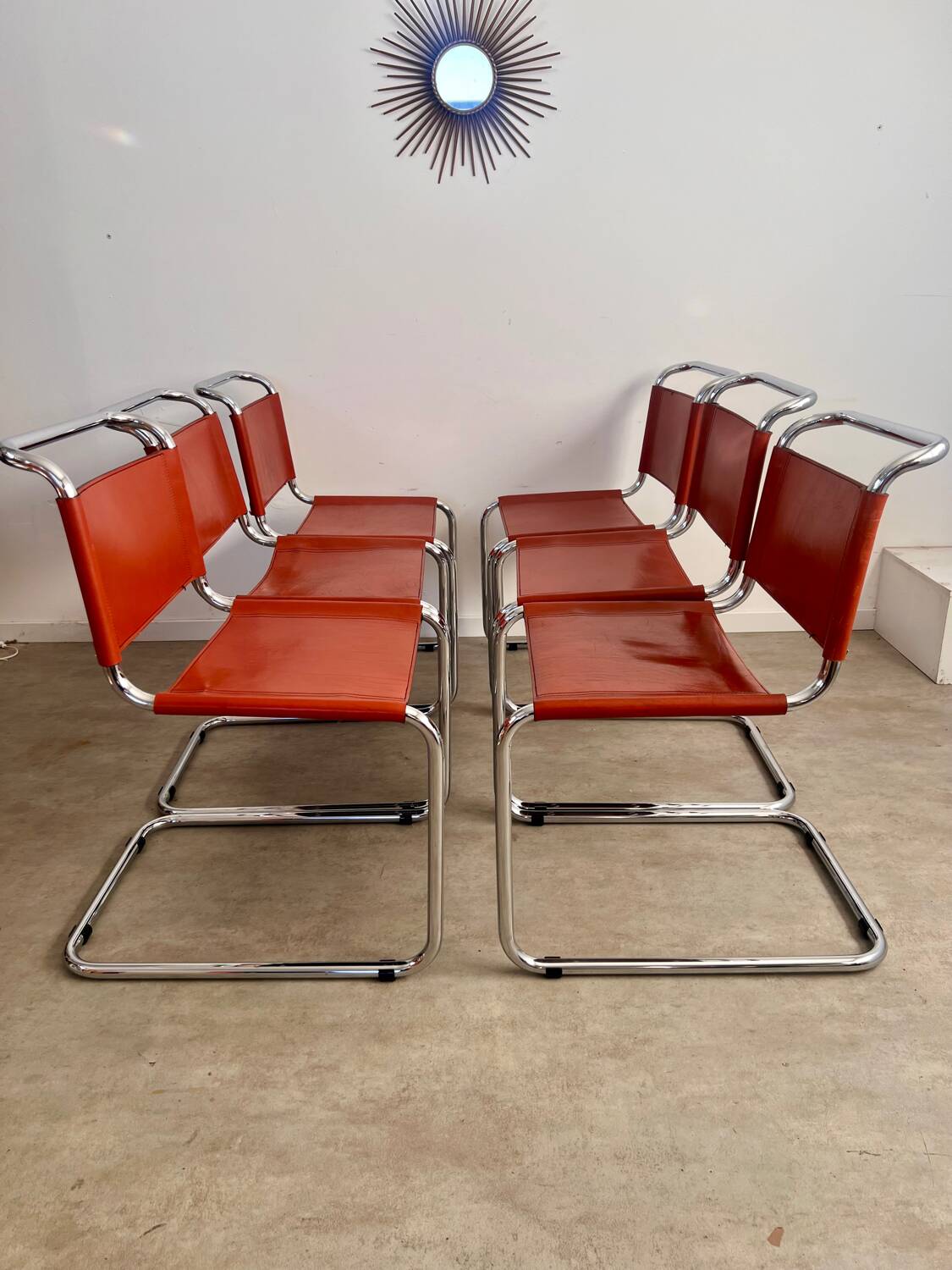 Lot 6 tubular chairs S33 design Mart Stam vintage cognac leather from the 70s