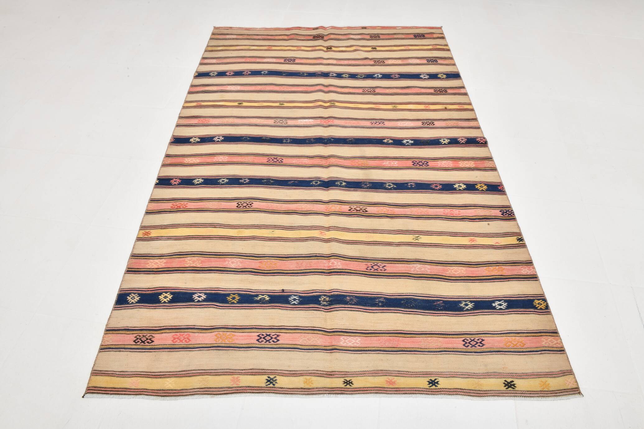 5x8 Cream & Navy Blue Striped Pattern Kilim Rug, 152x234Cm