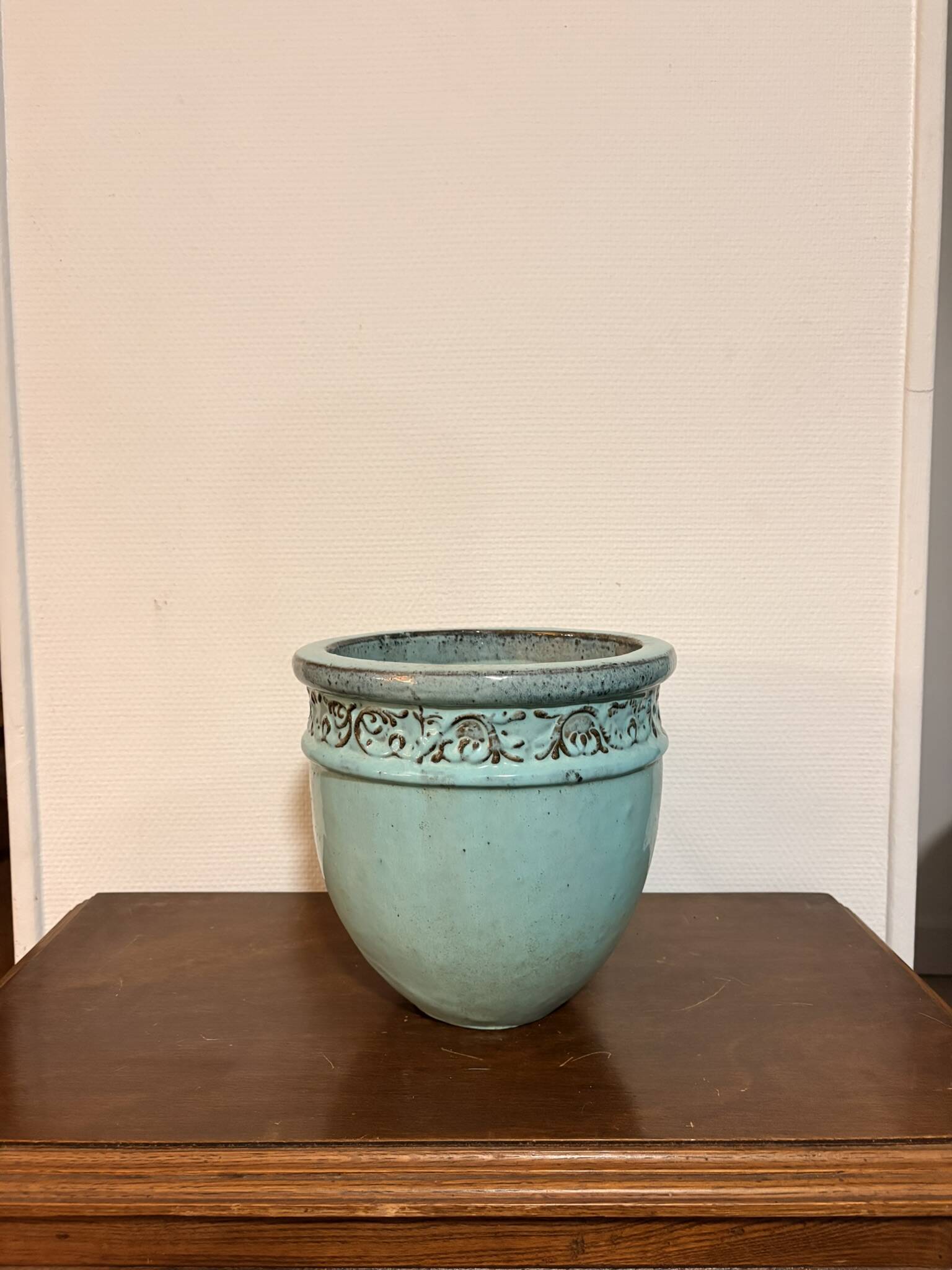 Old Flower Pot Ceramic Terracotta Glazed Varnished Blue Planter
