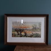 Aquarelle signée Thinel, paysage,  marais poitevin