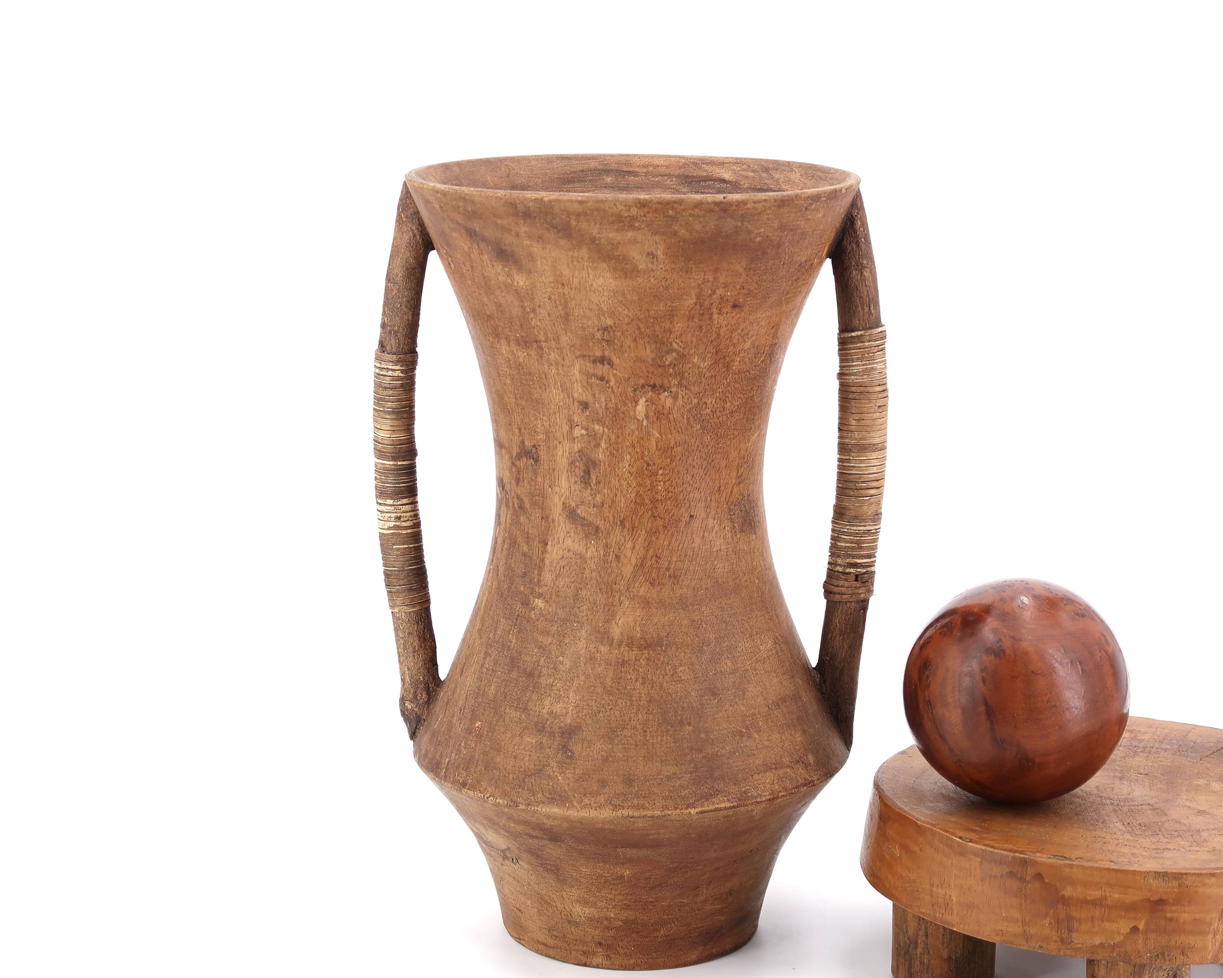 Large wooden vase, handles covered with wicker, 70s jar
