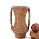 Large wooden vase, handles covered with wicker, 70s jar