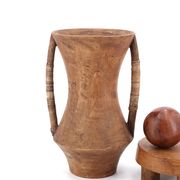Large wooden vase, handles covered with wicker, 70s jar