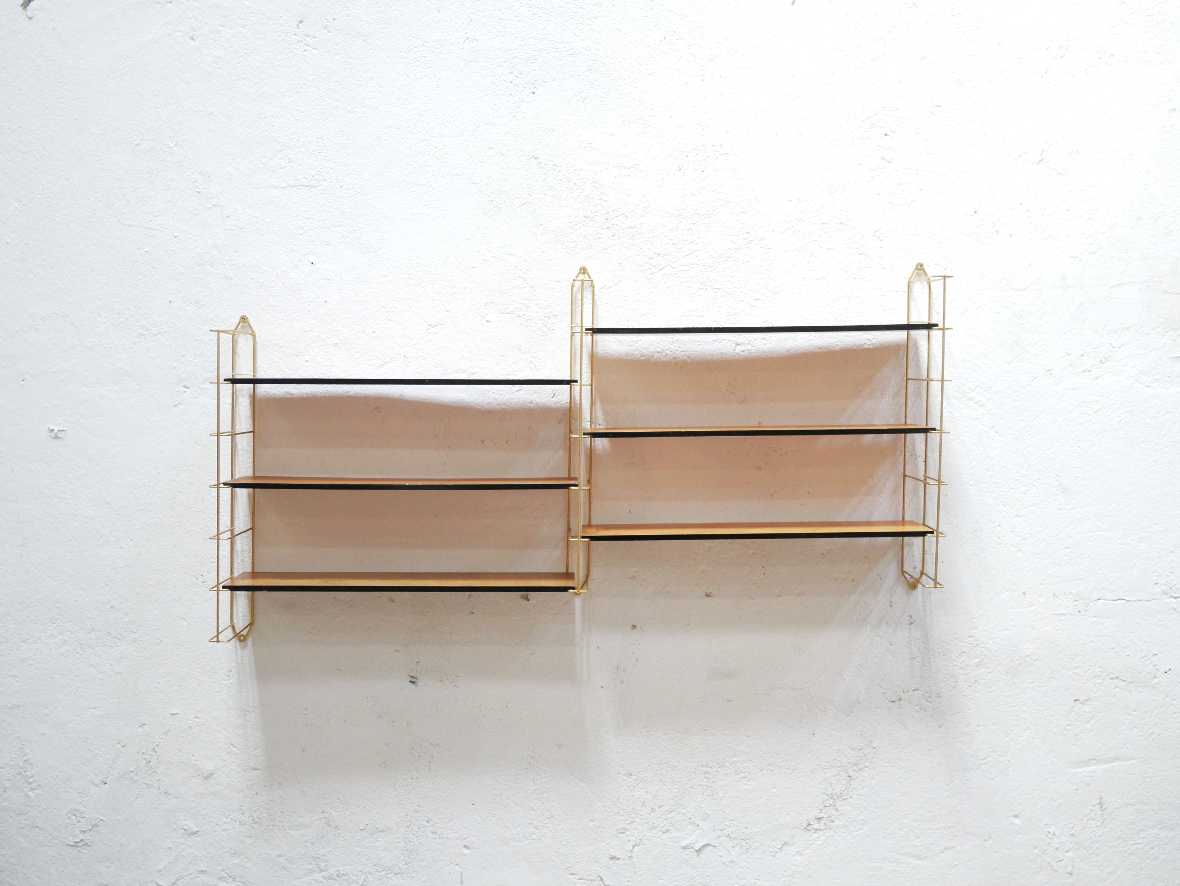 Vintage modular wall shelf in brass and wood