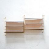 Vintage modular wall shelf in brass and wood