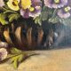 Peinture à l’huile du XIXème siècle sur toile nature morte avec vase de pensées antique vintage original