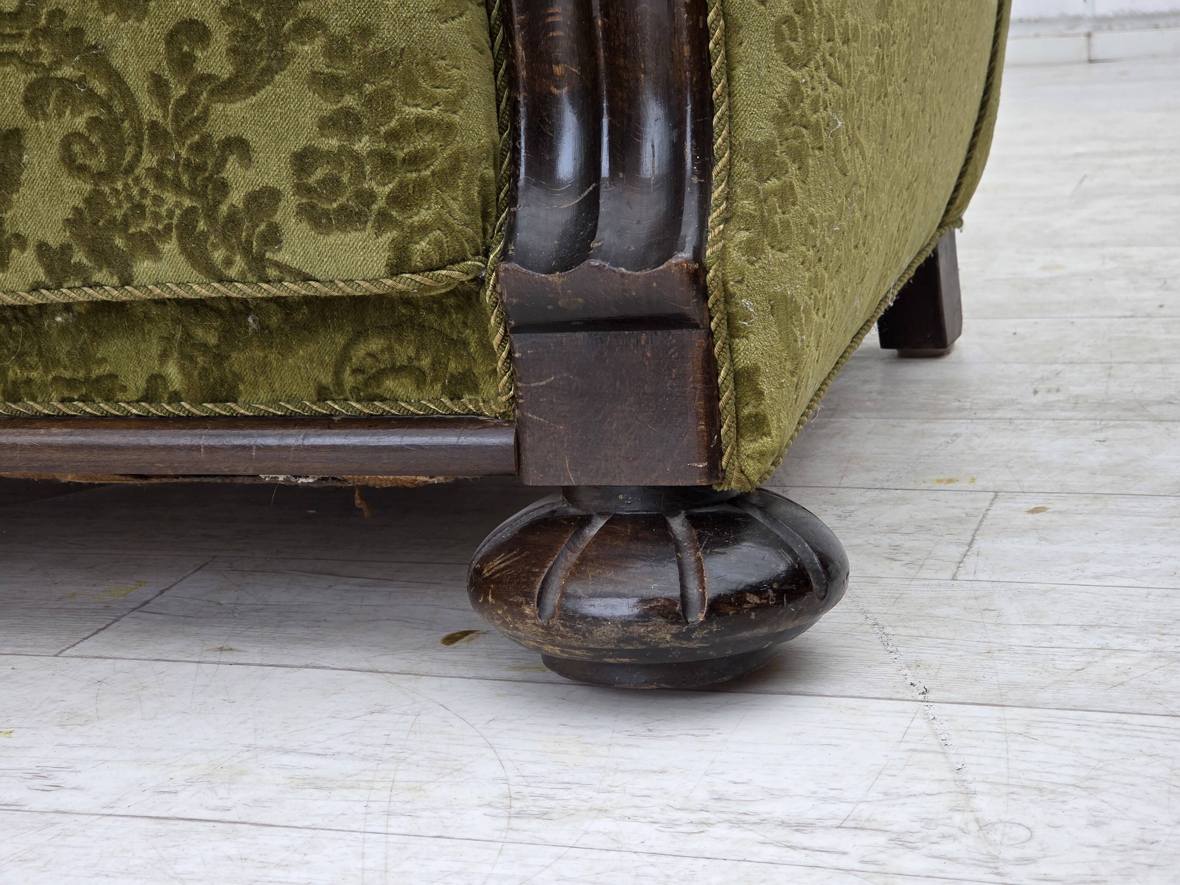 1960s, Danish 3-seater sofa, furniture velour, carved oak wood.