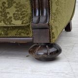 1960s, Danish 3-seater sofa, furniture velour, carved oak wood.