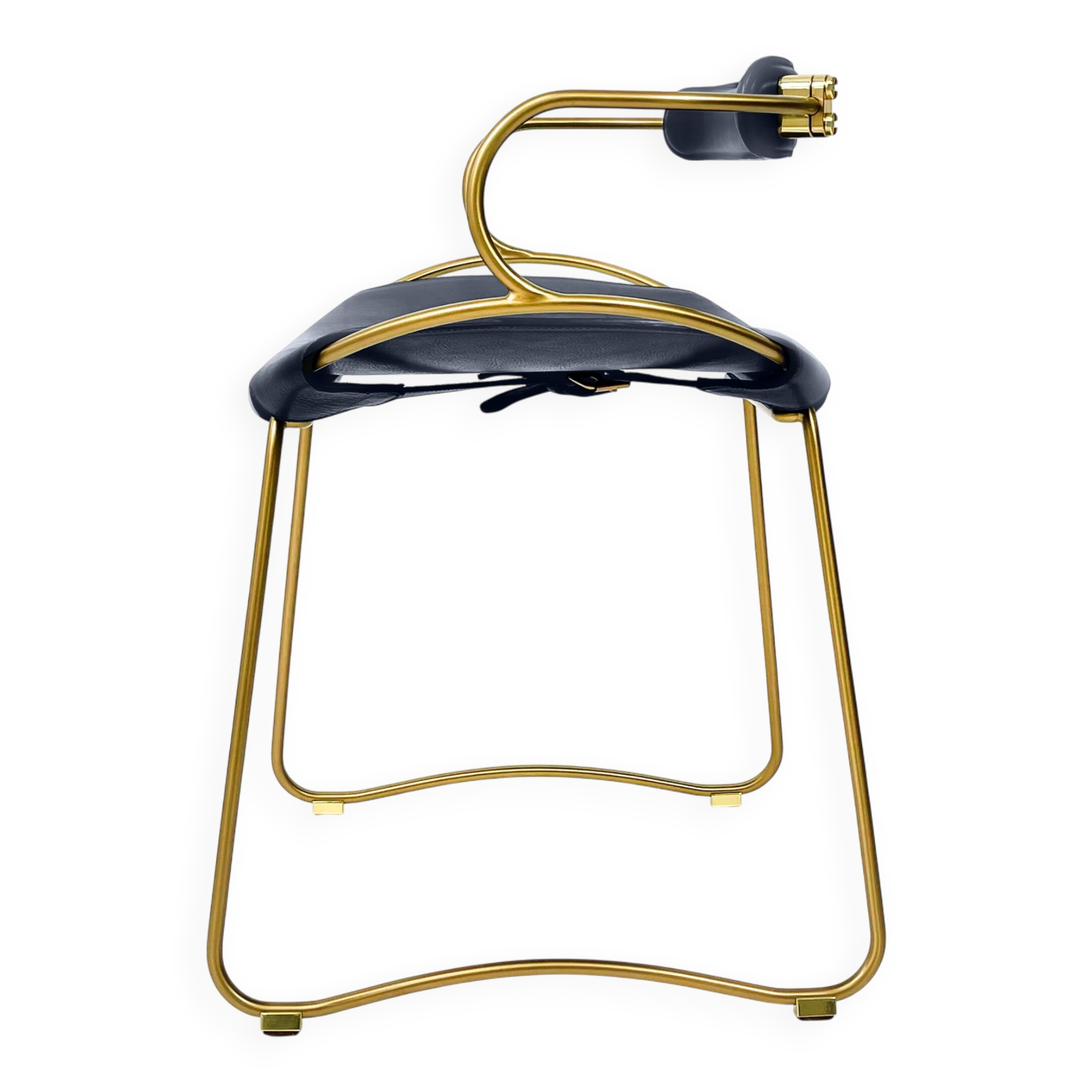 Contemporary kitchen bar stool with brass metal backrest and navy blue leather.