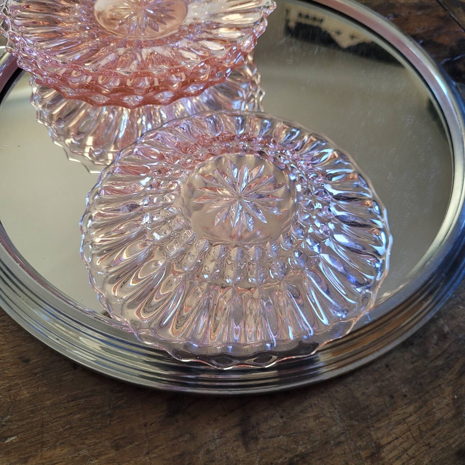 Art Deco Pressed Glass Dessert Plates in Pink — Circa 1930