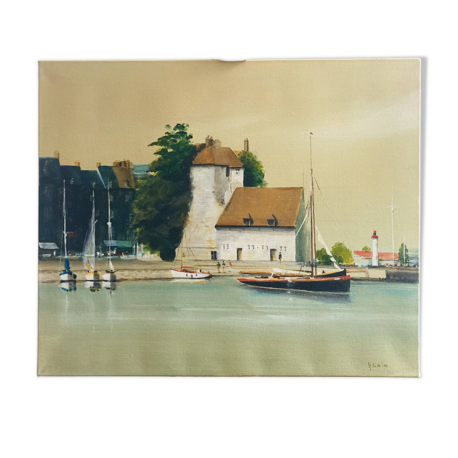 Oil painting on canvas of the old port of Honfleur signed Alain Huin.