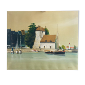 Tableau huile sur toile le vieux port de hontleur signé alain huin