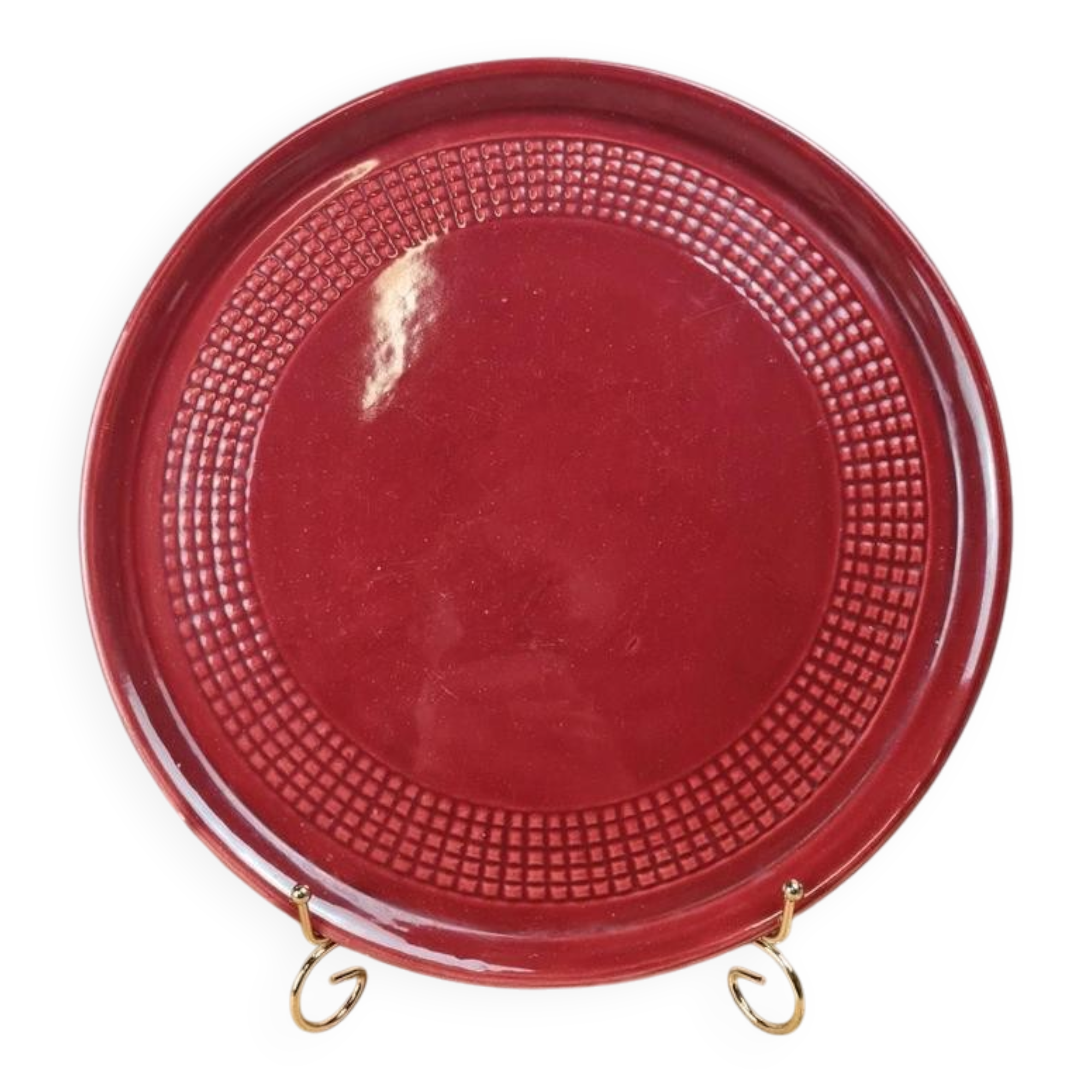 Large antique red cake plate – checkered pattern – attributed to Saint-Clément 🍒