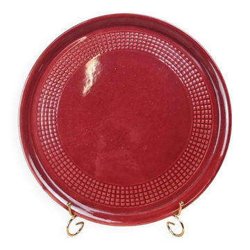 Large antique red cake plate – checkered pattern – attributed to Saint-Clément 🍒