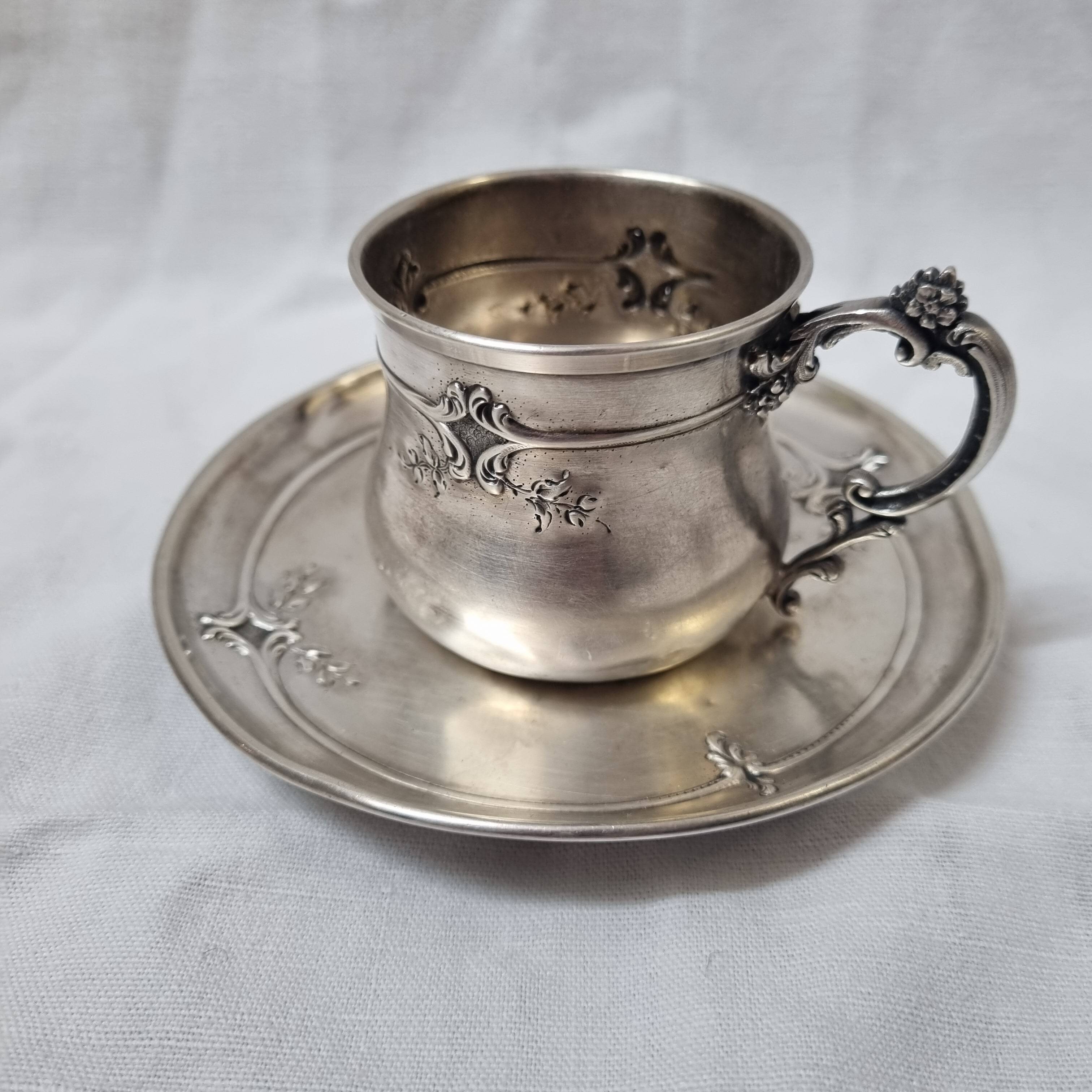 Solid silver cup (and saucer) late 19th century minerve