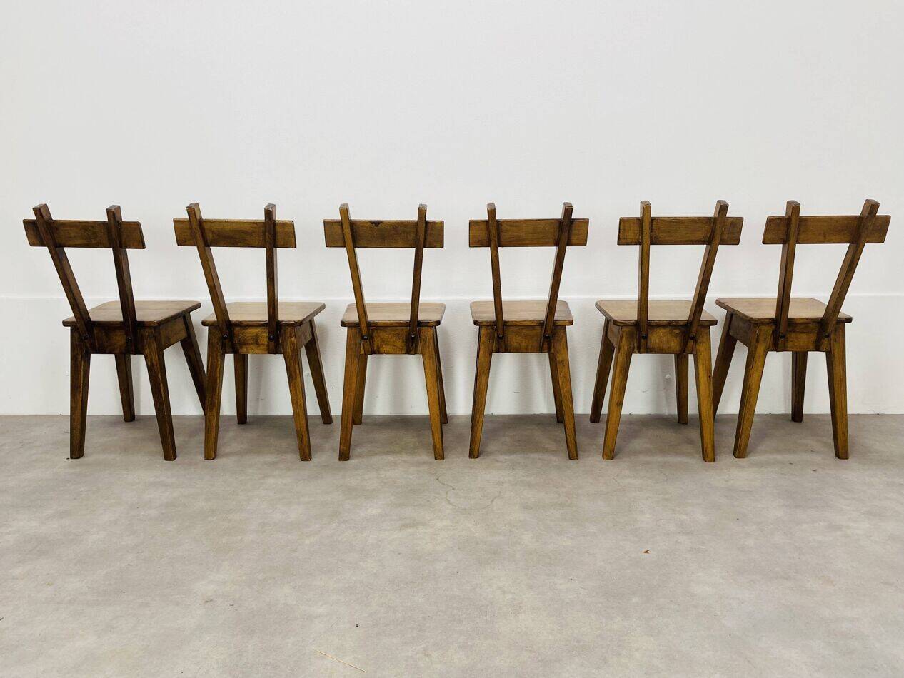 6 brutalist solid wood chairs, chalet decor, vintage