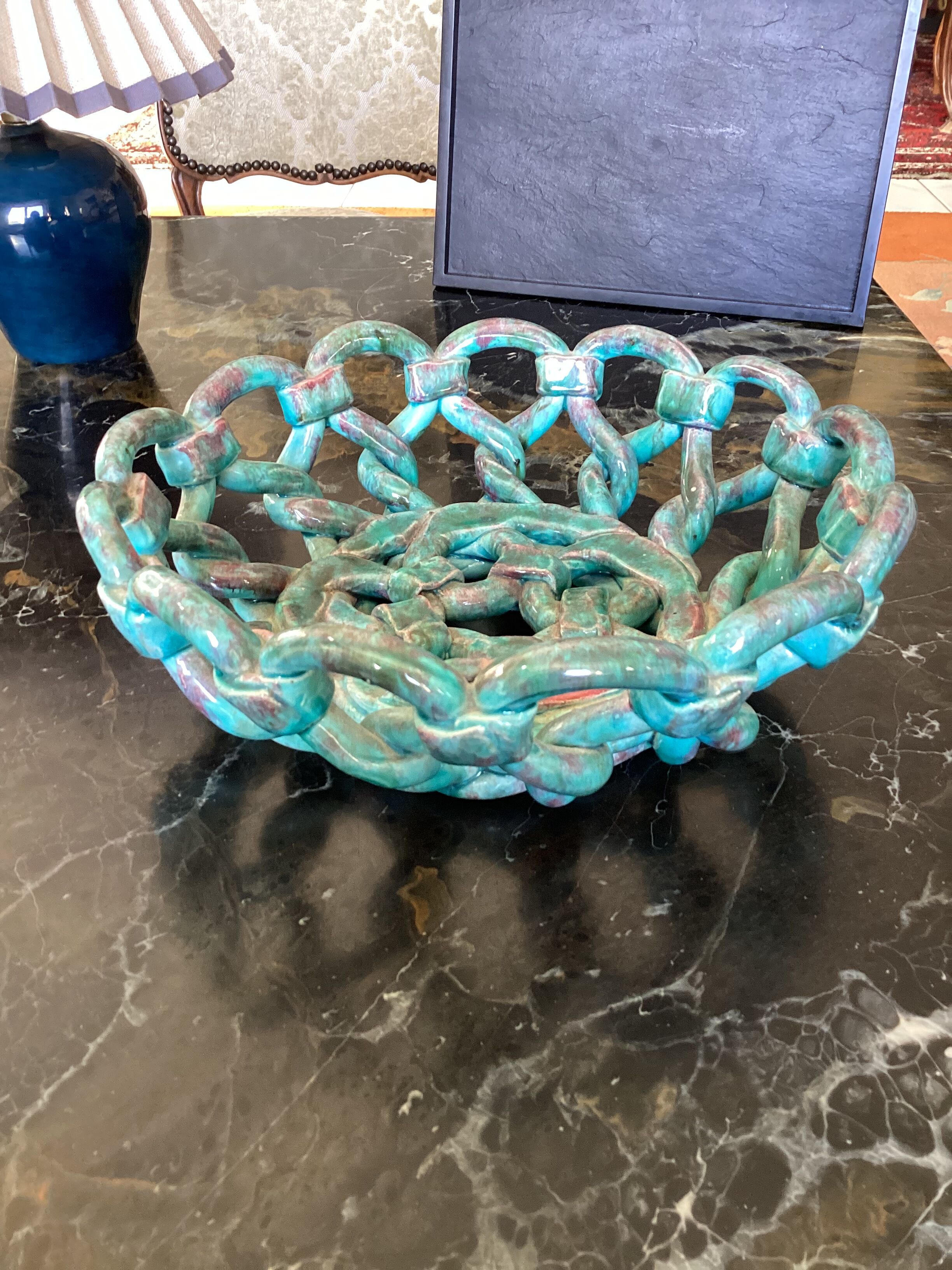 Pottery basket of braided earthenware for fruits dimension: H-9,5cm- D-25,5cm-