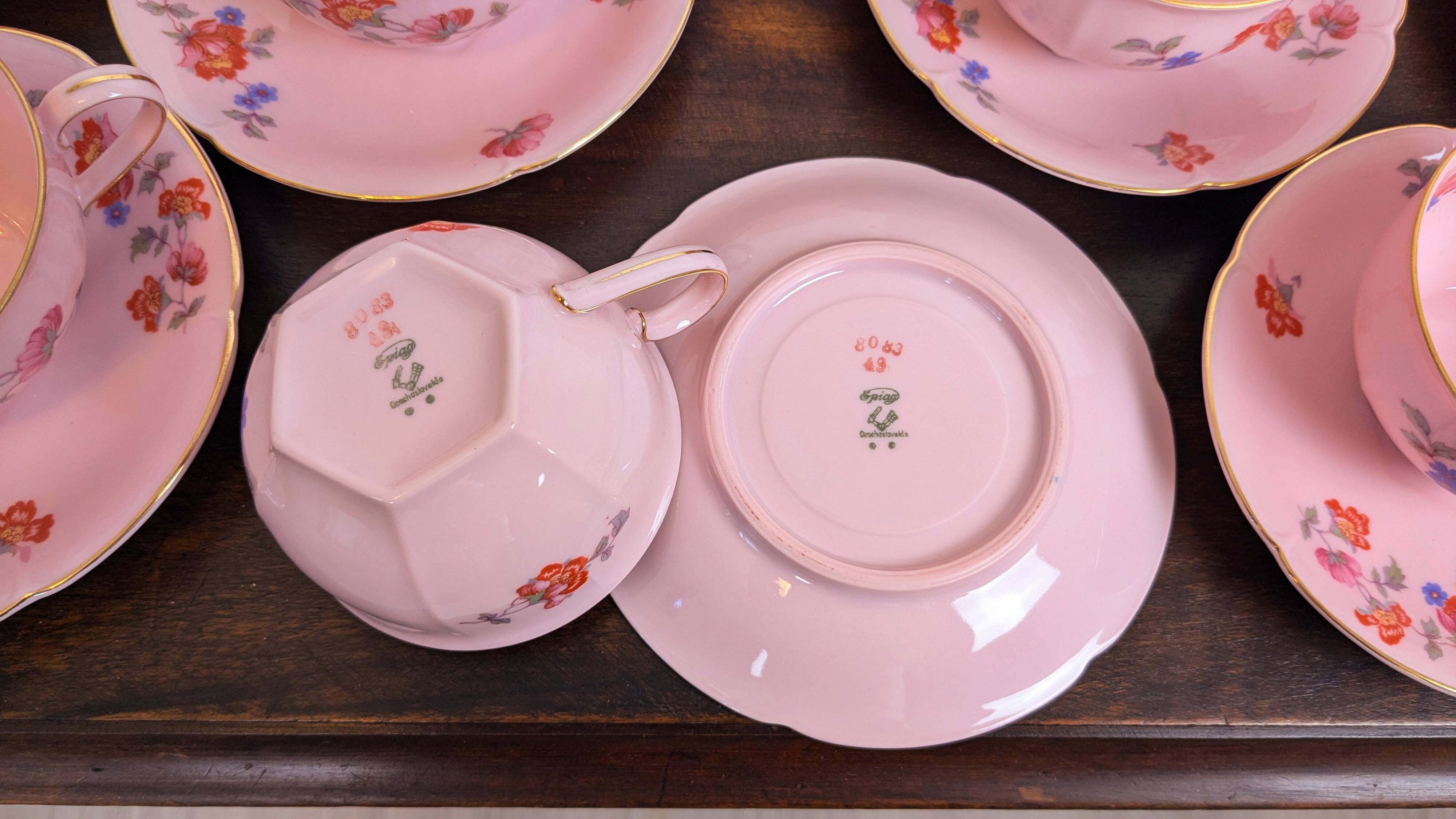Epiag Czechoslovakia 27-piece art deco pink porcelain coffee set