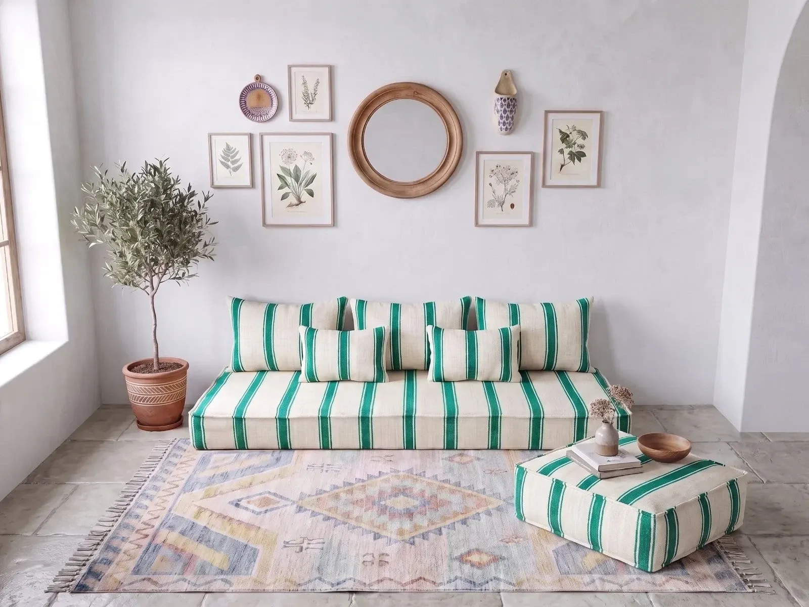 Emerald striped Moroccan living room set with pouf.