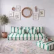 Emerald striped Moroccan living room set with pouf.