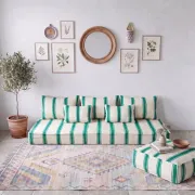 Emerald striped Moroccan living room set with pouf.