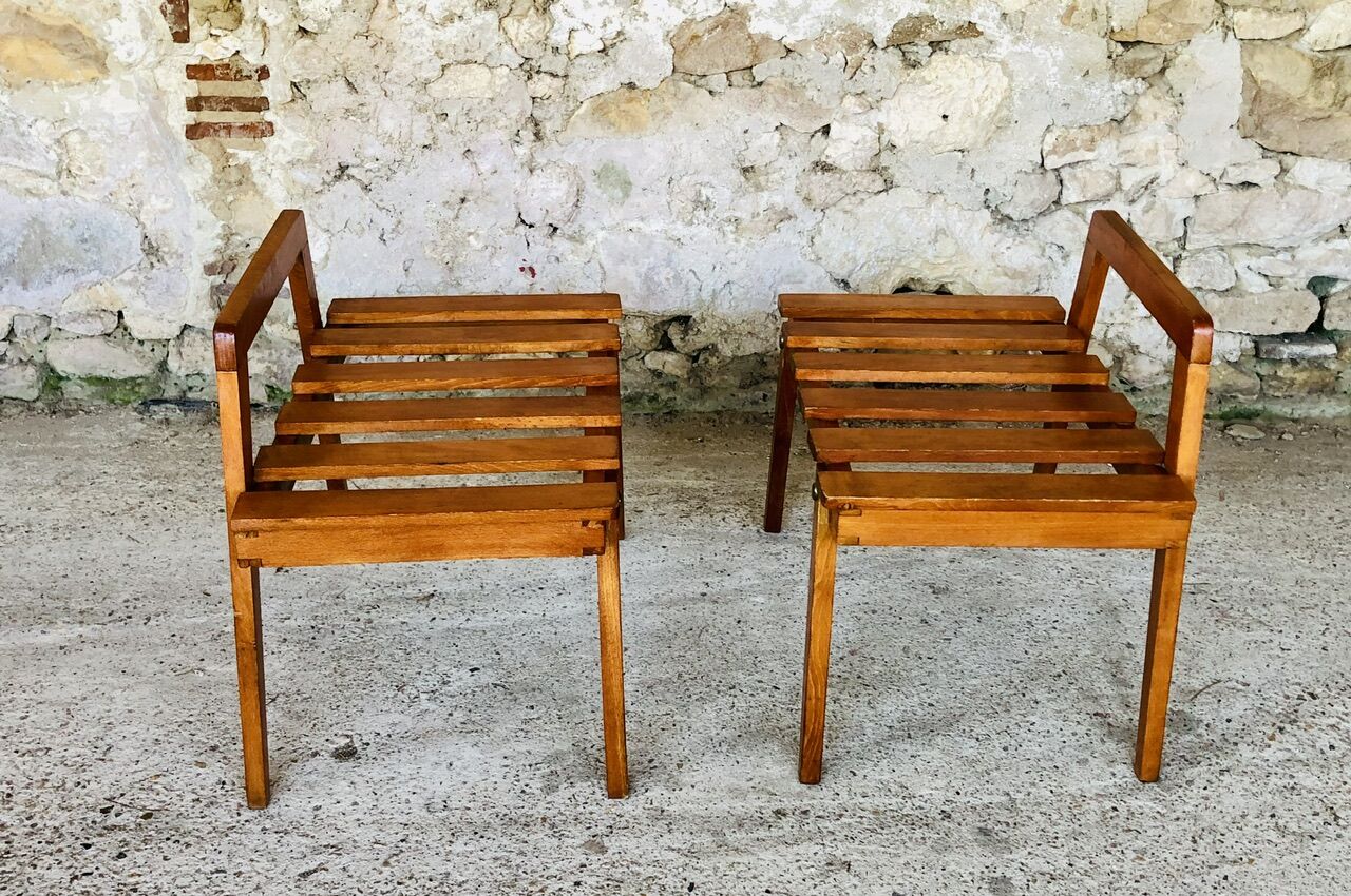 Pair of slatted side tables, Scandinavian style, 60s