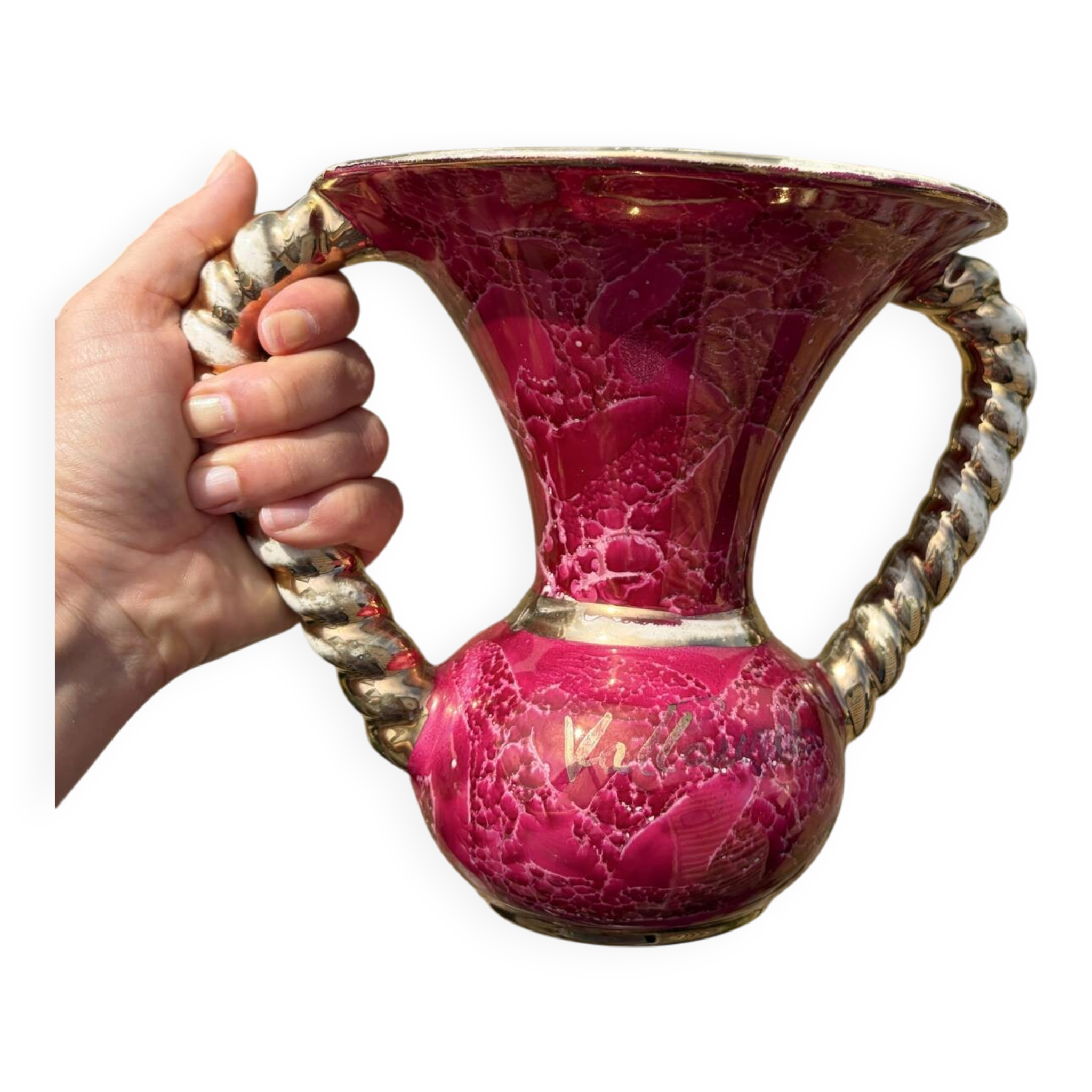 Vase torsadé Vallauris rose doré vintage