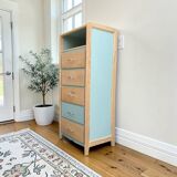 Vintage tall chest of drawers in raw wood and grey-blue from the 1950s.