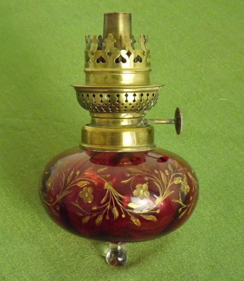 2 French Antique Cranberry Glass Oil Lantern Reservoirs Etched Gold Flowers 3984