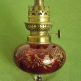 2 French Antique Cranberry Glass Oil Lantern Reservoirs Etched Gold Flowers 3984