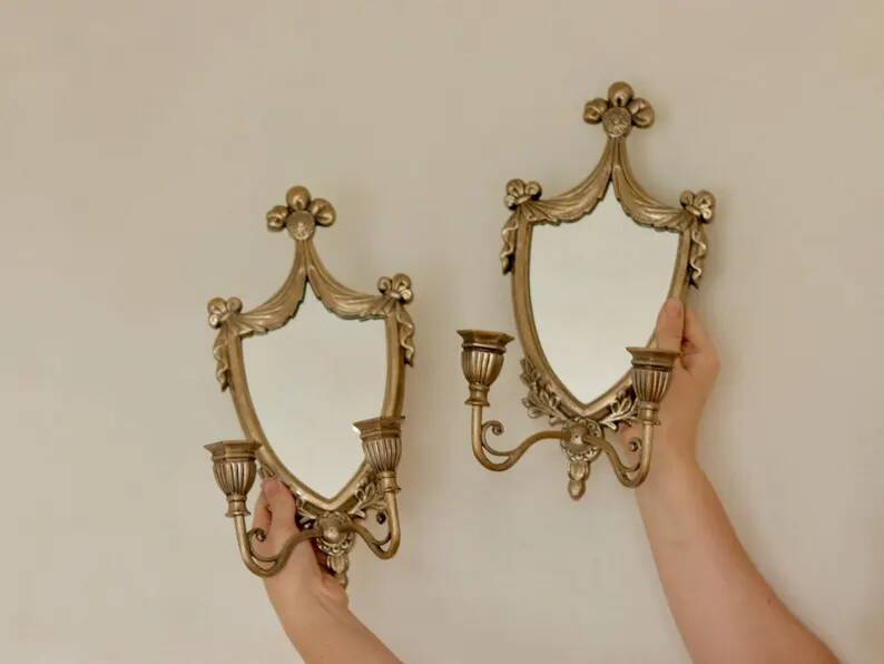 Pair of Vintage Double Arm Italian Brass Sconces with Mirror