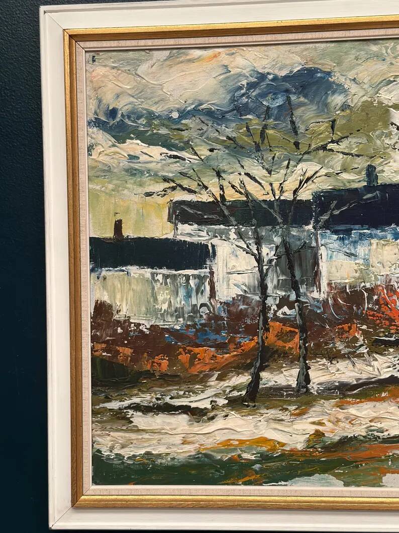 Large Original Swedish Oil on Panel – “Landscape with Houses and Trees” by Stig Hallblom – Signed – Vintage & Framed 90×59.5cm (35.4"×23.4")