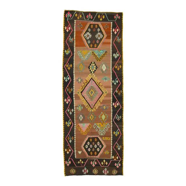 1970s Vintage Turkish Oushak Handmade Wool Cotton Orange Runner Rug 128x347