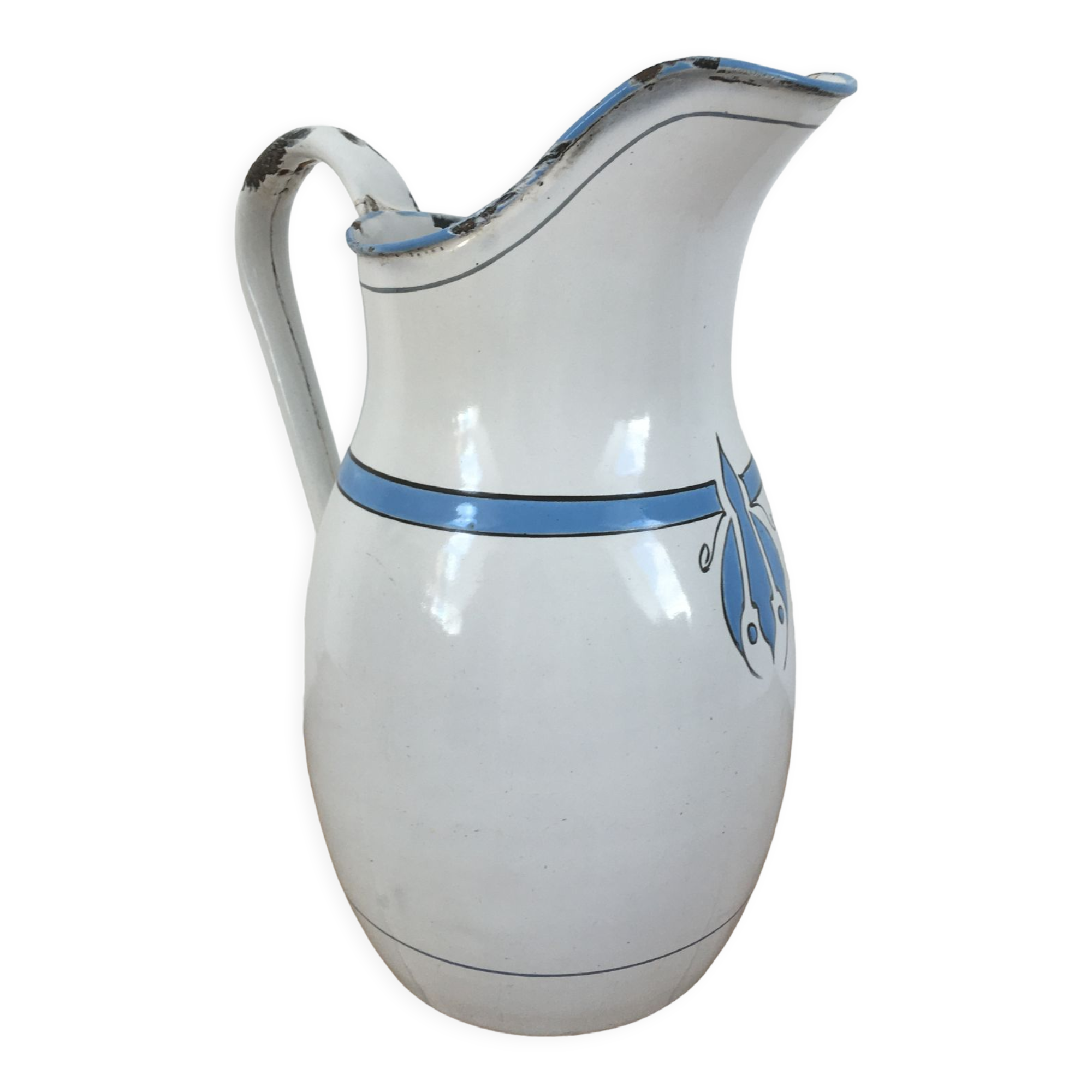 White enamelled sheet metal pitcher blue pattern