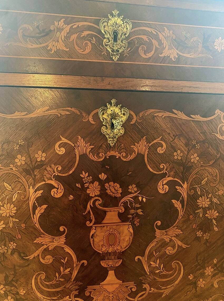 Inlaid wooden secretary, marble top. Napoleon III