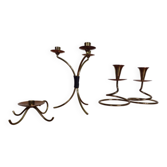German filigree brass and copper candleholders, 1960s, set of 3