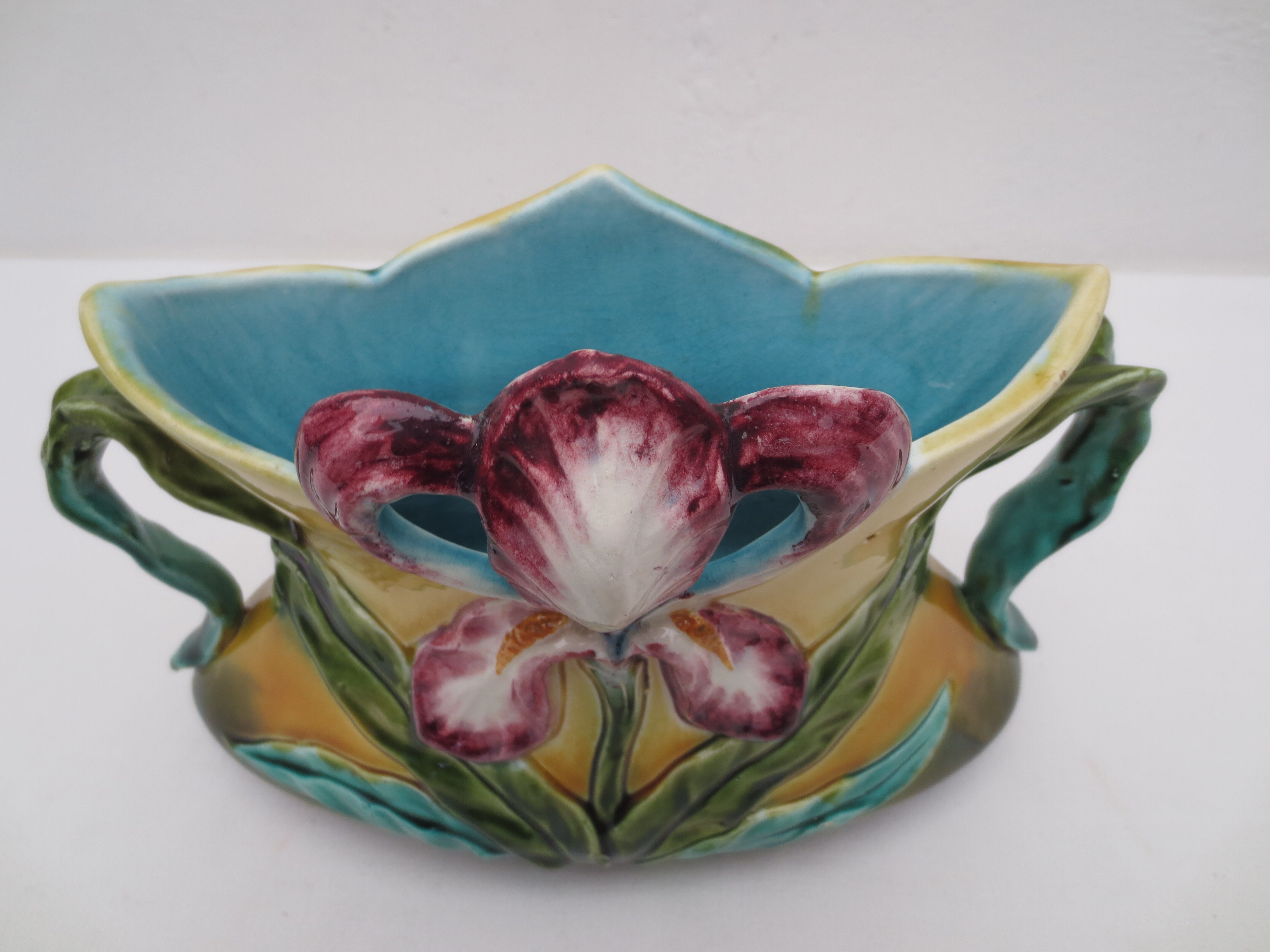 Former art nouveau planter in colorful dabbling iris décor