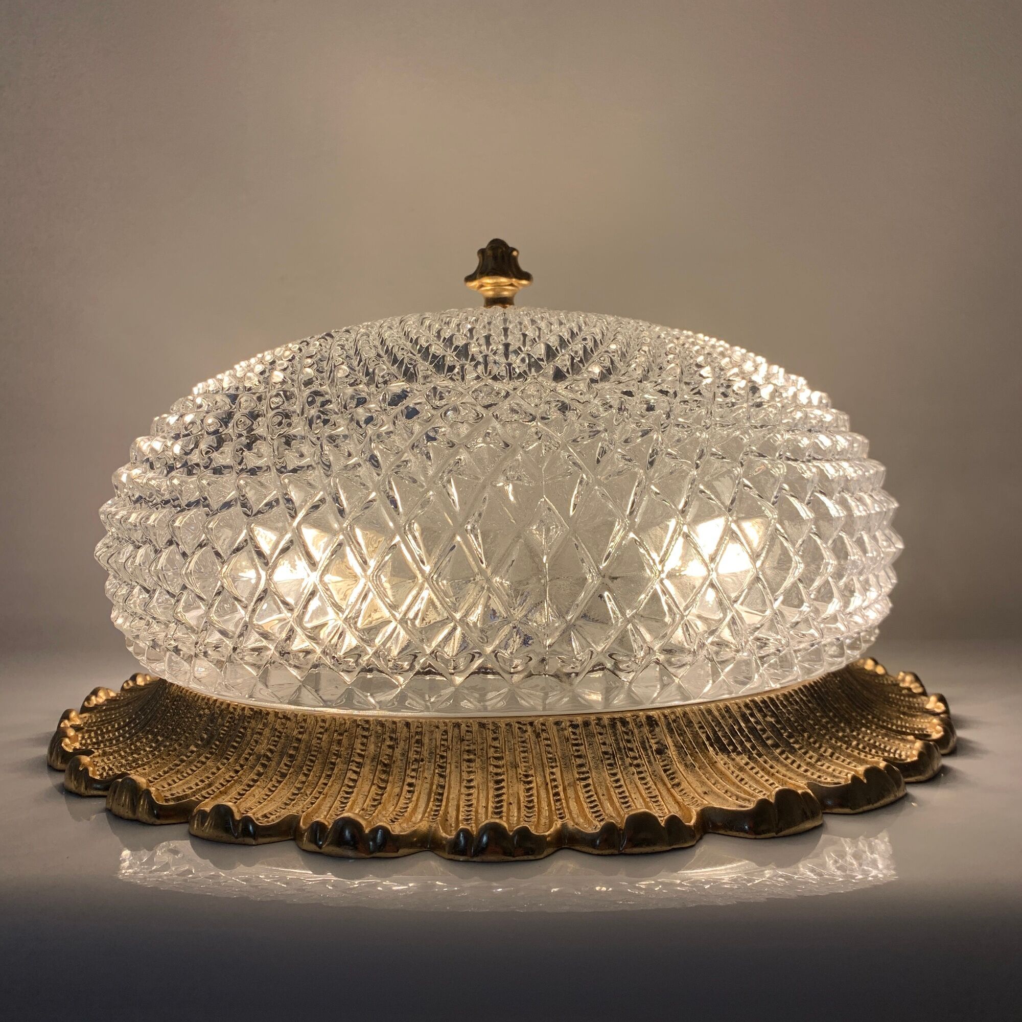 Old ceiling lamp gold metal and globe glass decor of diamond tips limburg