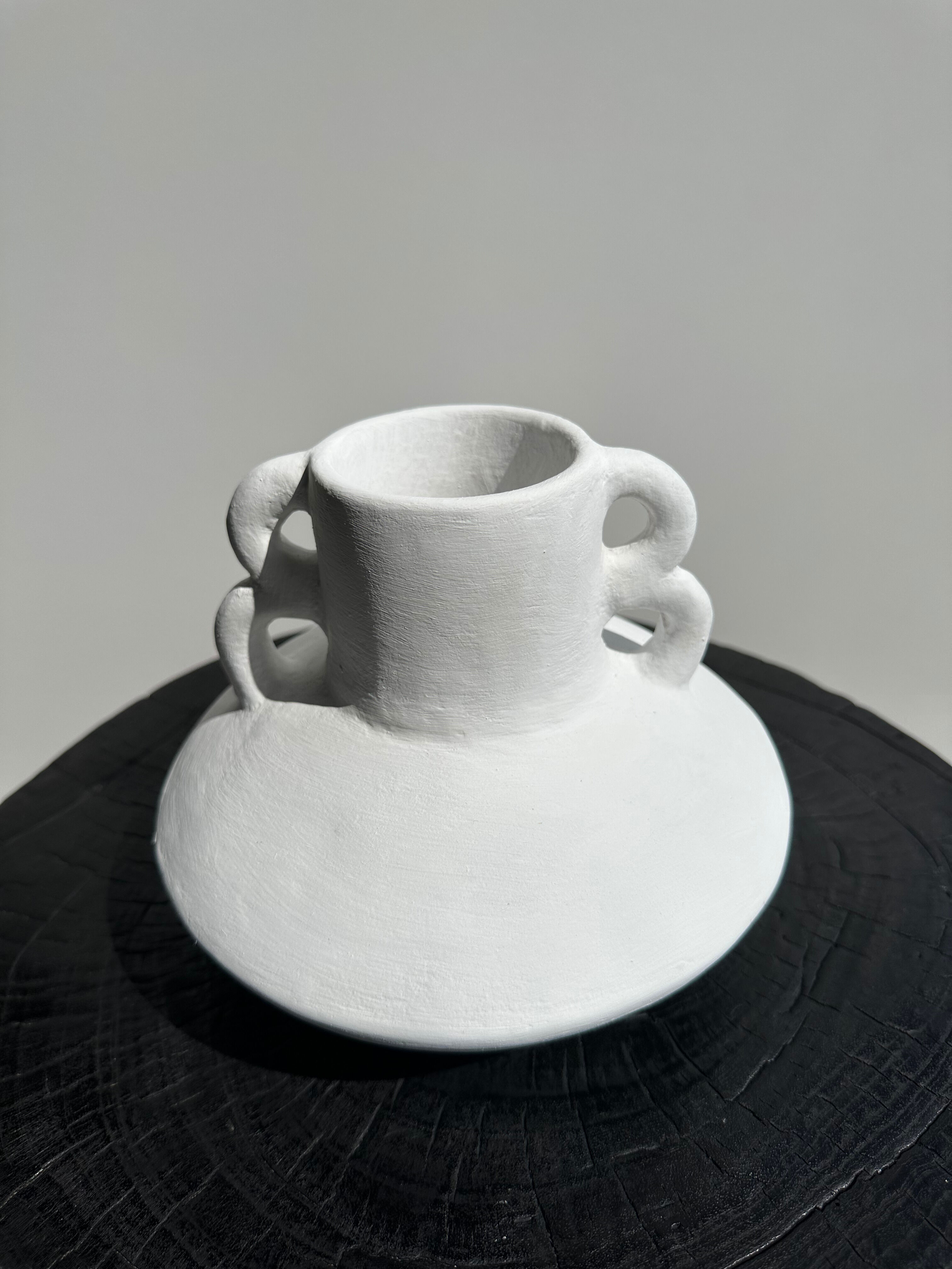 Handmade terracotta vase painted white with double handles H:16 D:20