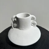 Handmade terracotta vase painted white with double handles H:16 D:20