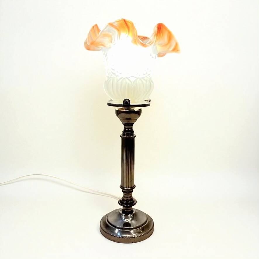 Empire chrome and opaline tulip pleated antique Art Deco bedside lamp