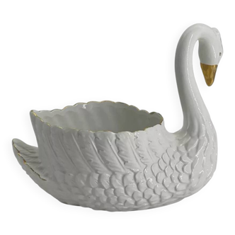 Cache pot cygne vintage en céramique blanche et dorée