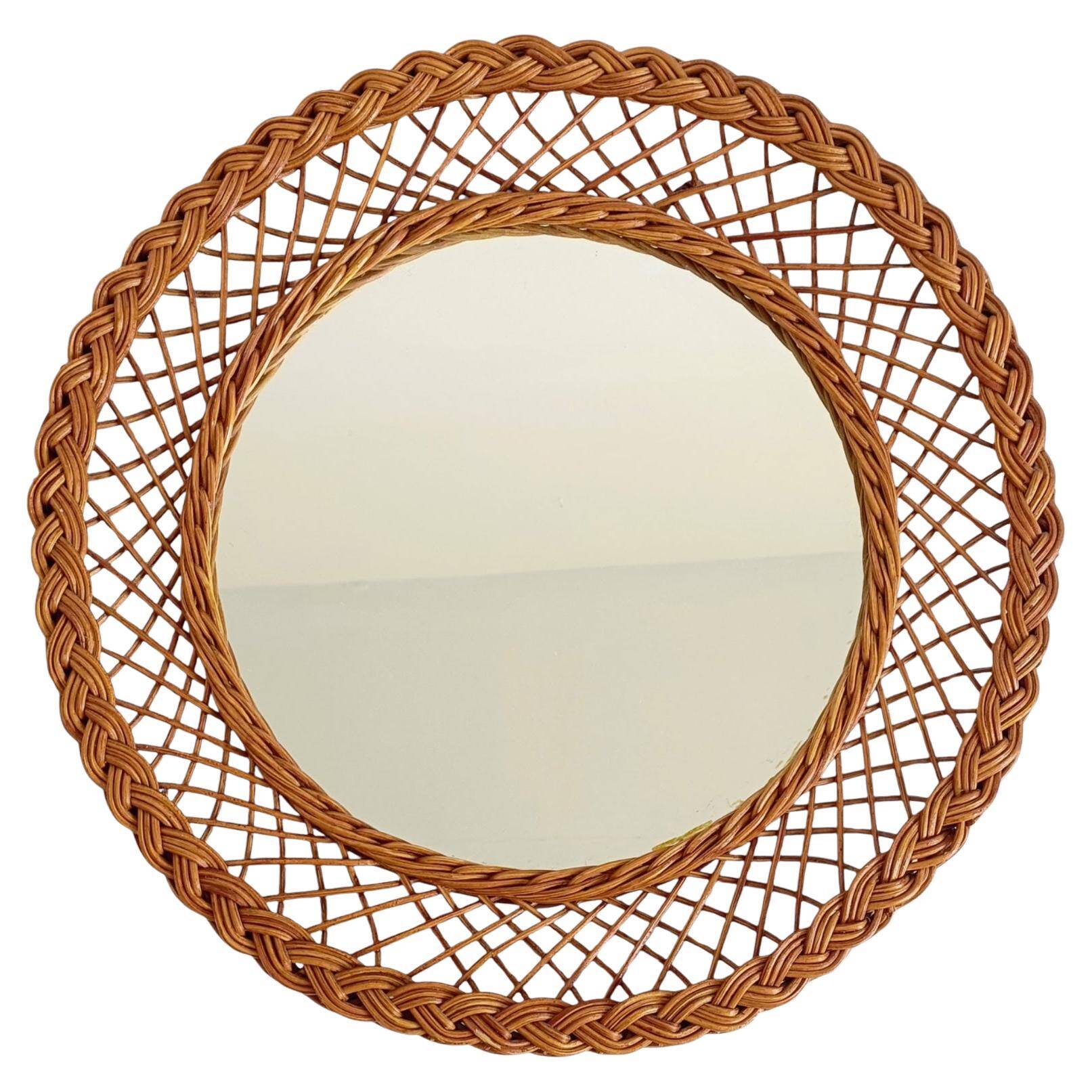 Rustic French Provence Wicker Round Mirror, Organic Modern, Handmade, France