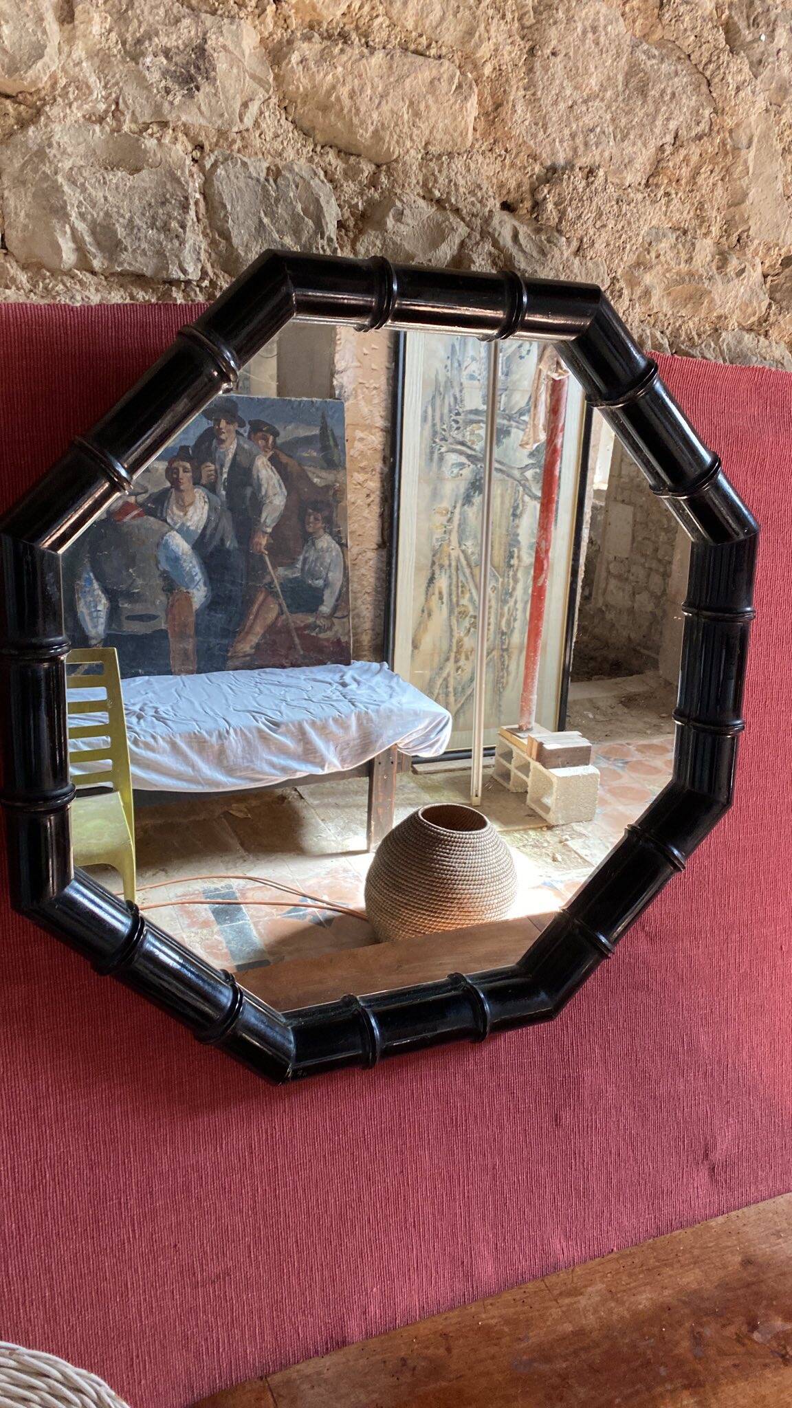 Black Bamboo Mirror from the 70s-80s