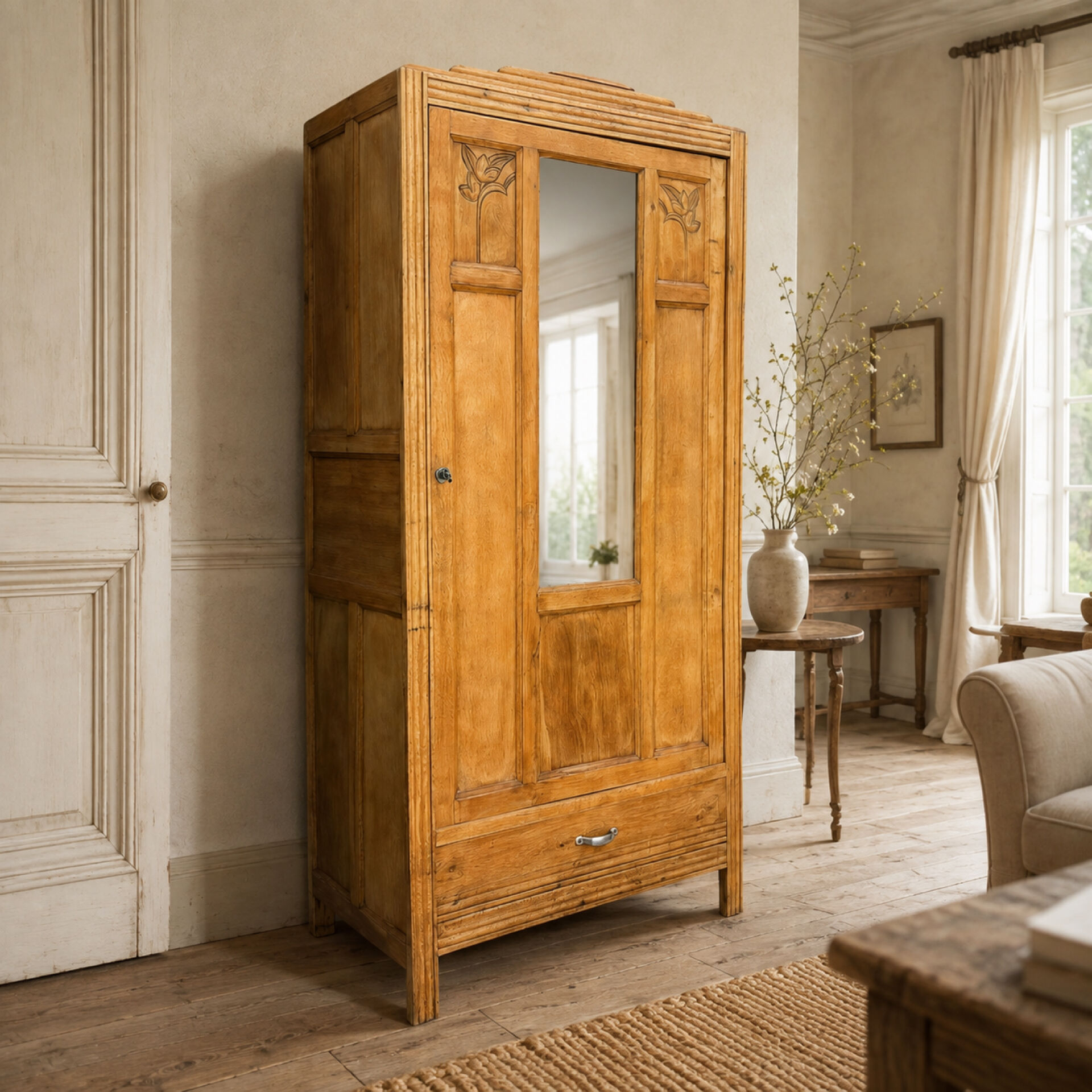 Parisian Art Deco wardrobe in raw oak, renovated.