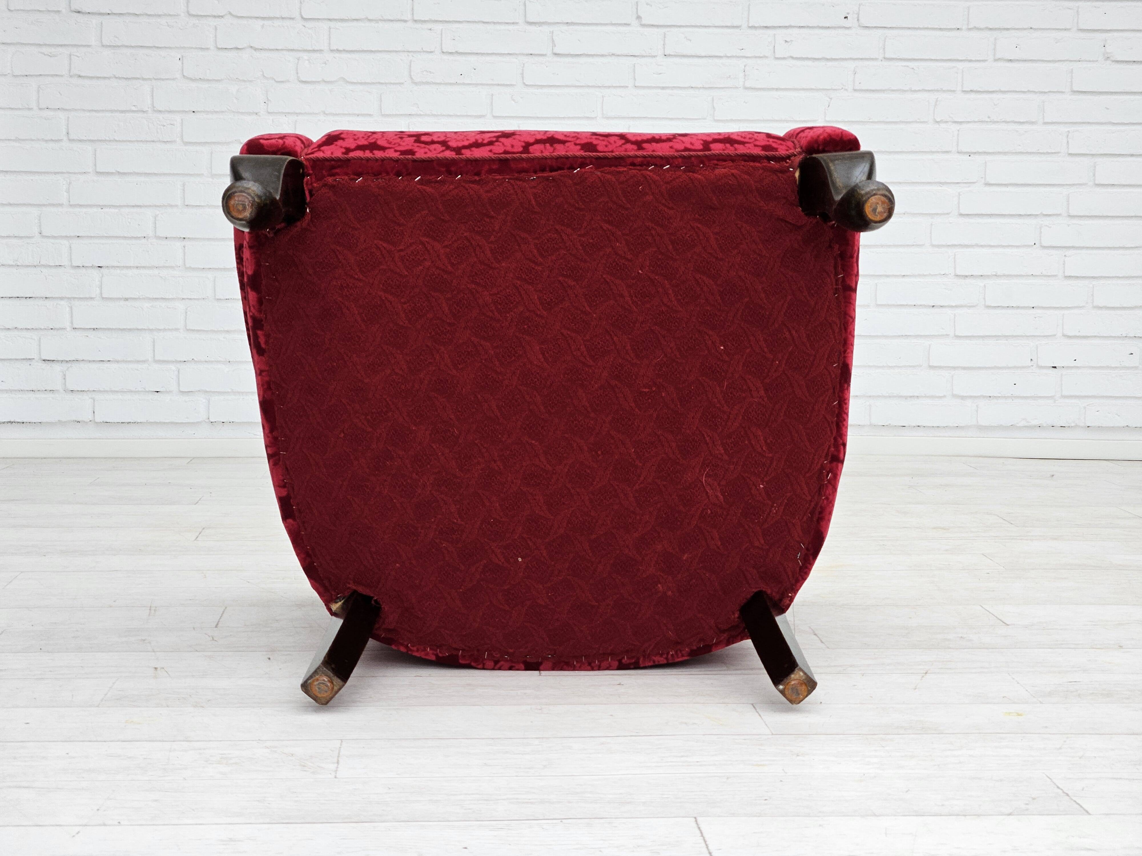 1950s, pair of two Danish lounge chairs, red cotton/wool fabric, beech wood.