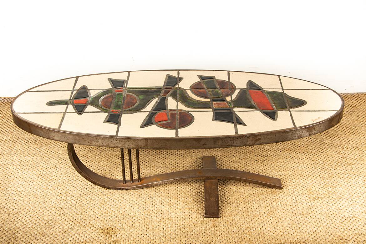 Table basse Française, Acier Chromé et Céramique par Barrois Vallauris 1960